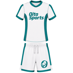 Ensemble short et maillot de rugby blanc et bleu sarcelle, manches courtes, col en V, uniforme d'équipe personnalisé, respirant, pour l'entraînement et le sport, haute performance - Product Image 1