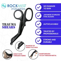 Gunting Trauma ROCKMED ARTE Hitam, Gunting Medis Pengaman dengan Ujung Tumpul, Dapat Digunakan Kembali, Manual, Baja Resin Logam, Bersertifikasi CE