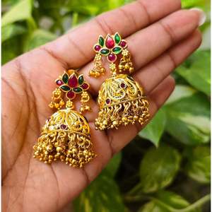 18K Gold Plated Brass Drop Jhumka Earrings with Zircon for Party - Product Image 4