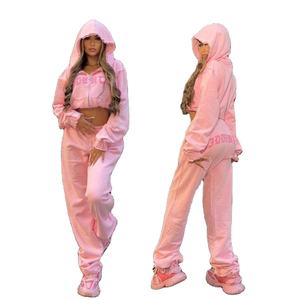 Custom Summer Casual Sexy Vintage Women Cloth Tracksuit Cotton French Terry Wash <b>Zip</b> <b>up</b> <b>Crop</b> <b>Hoodie</b> 2 Piece Tracksuit Set - Product Image 1