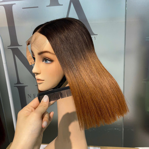 Pelucas Bob de Cabello Humano Vietnamita Súper Doble Trama, Color Marrón Ombre, Liso Extremo, con Encaje Transparente - Product Image 1