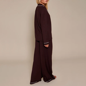 Wholesale <b>Women's</b> Elastic Waist 100% Cotton Satin Woven Fabric Winter Pajamas Set Long Sleeve Smooth <b>Women</b> Sleepwear Pajama Set - Product Image 2