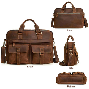 Sac de bureau classique pour homme en cuir Crazy Horse avec fermeture éclair et design durable pour usage professionnel - Product Image 3