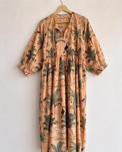 Handmade Tropical Print Maxi <b>Dress</b> With Puff Sleeves Tie Neck <b>Boho</b> Loose Fit <b>Summer</b> Casual <b>Dress</b> Viscose Woven Casual <b>Dresses</b> - Product Image 2