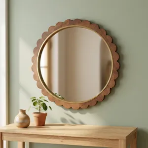 <b>Round</b> Scalloped Wooden Framed <b>Mirror</b> Mid Century Modern Wall Decor Home Use - Product Image 2