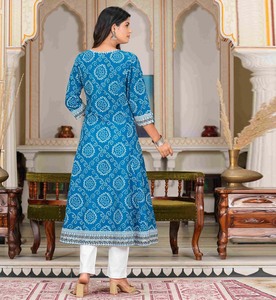 Blue Bandhej Printed <b>Kurti</b> Collection Anarkali <b>Kurti</b> And Cambric Slub Short <b>Kurti</b> Ethnic Women Clothing Stylish Daily Wear - Product Image 5