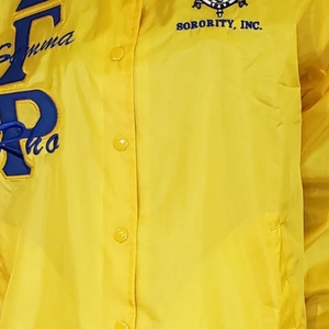 Yellow Womens Varsity Jacket Royal Blue Greek Letter Snap Button Front Blue White Striped <b>Long</b> Sleeve Collegiate Outerwear <b>Coats</b> - Product Image 5