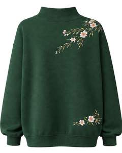 เสื้อสเวตเชิ้ตผ้าฟลีซสีเขียวแบบโอเวอร์ไซส์สำหรับผู้หญิง คอตั้ง ปักลายดอกไม้ สวมใส่สบาย อุ่นสบาย เหมาะสำหรับฤดูหนาว สไตล์สตรีทแวร์ ทรงหลวม - Product Image 2