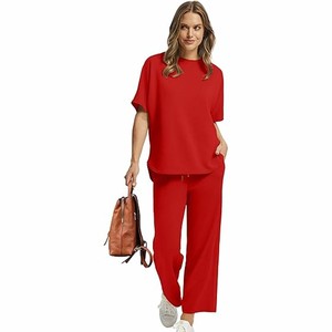 Women Red Knitted Casual Two Piece Set O-Neck Short Sleeve Loose <b>Top</b> Wide Leg Pants Solid Color Breathable All Seasons Wear OEM - Product Image 1
