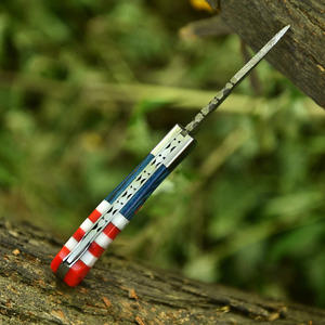 Cuchillo Plegable de Acero de Damasco Hecho a Mano al por Mayor con Mango de Resina y Madera con Bandera Americana, Cuchillo de Bolsillo EDC con Funda de Cuero - Fabricante - Product Image 2
