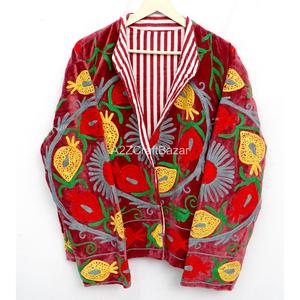 Handmade Knitted Breathable <b>Velvet</b> Suzani Embroidery Regular <b>Women's</b> Varsity Jacket Cotton Filled Mandarin Collar Best Price - Product Image 2