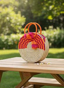 Sac à main rond en paille fait main pour femmes, sac fourre-tout tissé bohème - Product Image 3
