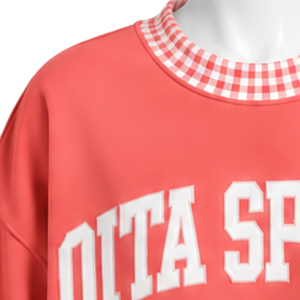 <b>Mens</b> Coral <b>Pink</b> Crewneck <b>Sweatshirt</b> Gingham Check Trim Long Sleeve Casual Pullover Fashion Streetwear Athletic Sports Top - Product Image 5