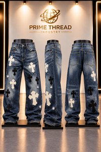 Custom Vintage Washed Baggy <b>Jeans</b> <b>Men</b> Cross Applique Distressed Wide Leg Denim Pants Y2K Streetwear Trousers Unisex Denim Pants - Product Image 3