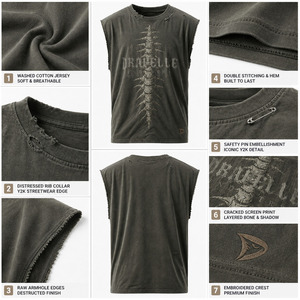 Washed Sleeveless Muscle Tee, Oversized Boxy Streetwear Tank <b>Top</b> with Distressed Spine Graphic & Raw Cut Armholes - Product Image 6