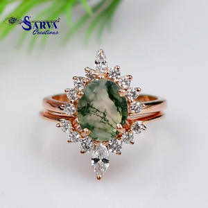 Ensemble de bagues en agate mousse naturelle de forme ovale avec accents en zircone cubique, argent sterling 925, ensemble de bagues de fiançailles et de mariage pour femmes - Product Image 1