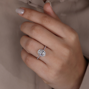 Adorned Opera Three Stone Oval Cut Freshwater Pearl Moissanite Engagement Ring 14K Gold Plated 925 Silver Prong Setting GRA - Product Image 6