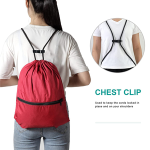Red Polyester <b>Drawstring</b> <b>Backpack</b> With Zipper Pocket Adjustable Straps Plain Dyed Woven Sport Bag wholesale supplier - Product Image 3