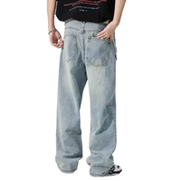Produsen Denim Celana Jeans Pria Desainer Khusus Model Kaki Lebar Acid Wash Distressed Baggy Pearl dengan Rivet Logam