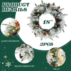 Lot de 2 couronnes de Noël artificielles pré-éclairées de 18 pouces, effet flocon de neige, 60 lumières chaudes, 140 pointes, rouge, tendance, luxe - Product Image 2