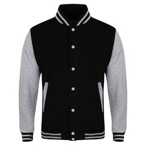 Veste varsity personnalisée noire et grise, style letterman, corps en laine, manches contrastées, style bomber, vêtement décontracté imprimé. - Product Image 1