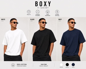 เสื้อยืดทรงบ็อกซี่ฟิตสำหรับผู้ชาย ผ้าฝ้ายถัก 100% 240GSM ทรงโอเวอร์ไซส์ สไตล์ลำลอง สีพื้น แขนสั้น คอกลม ระบายอากาศได้ดี สีขาว ดำ กรมท่า - Product Image 1