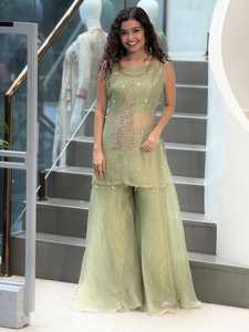 Elegant Green Crush <b>Tissue</b> Palazzo Set Embroidered Blouse Shrug Traditional Indian <b>Wedding</b> Party Wear Women Floor-Length - Product Image 2