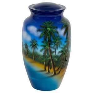 Urna Funeraria Estilo Americano Blanca con Diseño de Palmeras, Capacidad de 200 Pulgadas Cúbicas - Product Image 1