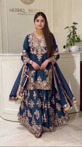 Chinon <b>Silk</b> Thread Sequence Embroidery Kurti Set With Lined Elastic <b>Palazzo</b> <b>Pant</b> And Four Side Lace Dupatta For Women IGX 6041 - Product Image 1