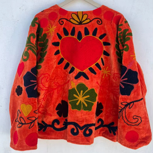 Veste en velours brodée à la main, style Suzani, orange, matelassée, style bohème, veste en velours brodée - Product Image 1