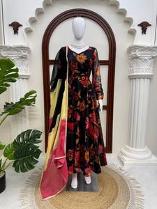 Black Embroidered Anarkali <b>Kurti</b> With Dupatta Indian Pakistani <b>Women</b> Party Wear Floor Length Ethnic Set - Product Image 3