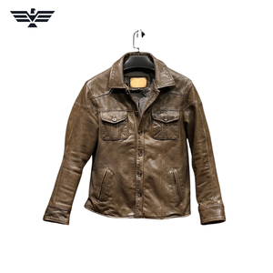 Blouson Homme Marron en Cuir Véritable Écologique Col Rabattu Motif Géométrique Décontracté Automne Simple Boutonnage - Product Image 1