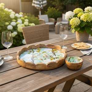 Plateau de service en bois floral et bol festonné, assiette décorative ronde, passe au lave-vaisselle, pour la décoration de table de mariage - Product Image 4