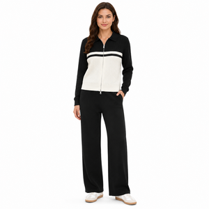 Ensemble de survêtement décontracté pour femme avec pantalon large, blocs de couleur contrastants et fermeture éclair, tenue de détente en maille, vente en gros OEM sous marque privée - Product Image 1