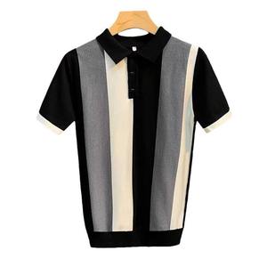 Custom Logo Men's Breathable Polyester/Cotton Knit Top <b>Jumper</b> Fashion Summer Striped Button for Shirts Short Sleeves <b>Vintage</b> - Product Image 3
