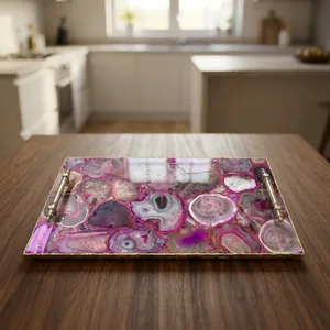 Plateau de service rectangulaire en agate rose fait main avec poignées en métal doré, décoratif, pour cuisine, table basse, présentation de luxe - Product Image 5