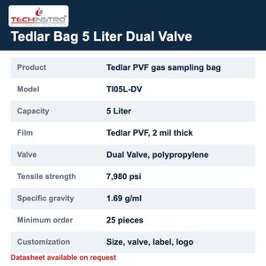 ถุงเก็บตัวอย่างก๊าซ TECHINSTRO Tedlar ขนาด 5 ลิตร ฟิล์ม PVF วาล์วคู่ ป้องกันการรั่วซึม สำหรับการเก็บตัวอย่างก๊าซ VOC ในปล่องปล่อยไอเสีย และการเก็บตัวอย่างก๊าซในดิน - Product Image 6