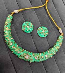 Ensemble collier et boucles d'oreilles personnalisés en or plaqué Meenakari avec pierres en zircon pour femmes, bijoux de mariage et d'anniversaire - Product Image 4