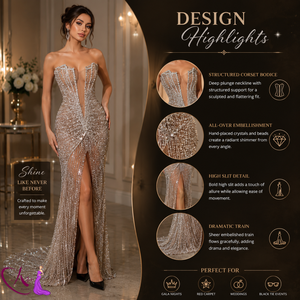 Robe de soirée luxueuse en cristal argenté |   Robe de soirée glamour sans bretelles, décolleté plongeant, fente haute, pour femme, idéale pour réception de mariage et événements festifs - Product Image 6