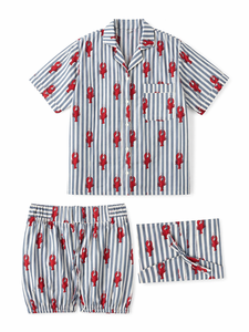 Grey Stripes <b>Crab</b> Print Hand Block Night Suit Set Women Short Sleeve Shirt Shorts Casual Handmade Cotton Masterpiece Sleepwear - Product Image 3