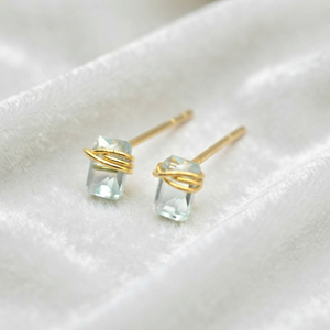 Wire Wrapped Ruby <b>Stud</b> <b>Earrings</b> 6x4mm Light <b>Blue</b> Brass Gold Plated Minimalist Women's Jewelry - Product Image 3