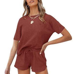 Wholesale OEM Service High Quality Women's Casual Summer Wear Short Sleeve T-Shirt & Short <b>Set</b> Solid Knit <b>Twin</b> <b>Set</b> for Women - Product Image 3