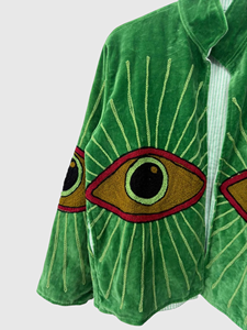 Blouson en velours vert brodé motif œil, col roulé, manches chauve-souris, grande taille, pour femme, collection automne - Product Image 4