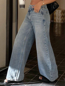 Jeans de Mezclilla de Cintura Alta y Pierna Ancha, Lavado a la Piedra, Corte Holgado, Estilo Casual, Tela de Algodón de Peso Medio, para Primavera - Product Image 5