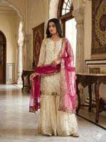 Ensemble Gharara de Luxe en Soie Pure Fendi Brodé avec Kurta à Manches Longues et Dupatta en Tulle de Créateur