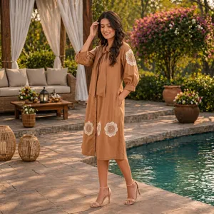 Floral Embroidered Tie Neck Midi Dress Women Three Quarter Sleeve <b>Boho</b> <b>Shirt</b> Dress Spring Casual Woven Cotton Loose Fit - Product Image 2