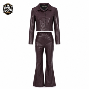 Custom Elegant Lady Pu Leather Suit Casual Street Wear Button Up Jacket Wide Leg <b>Pants</b> Women's Pu Leather Tracksuits Set - Product Image 1