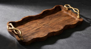 Plateau de service rectangulaire en bois de manguier teinté noyer, plateau décoratif en bois avec poignées en forme de branche dorée - Product Image 3