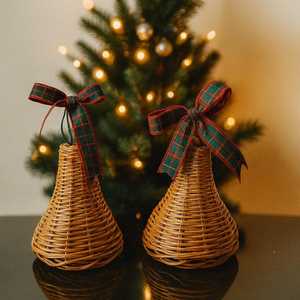 Handmade Rattan Bell Ornament Warm White <b>LED</b> Indoor Hanging Christmas Decor with Plaid Ribbon Traditional Craft - Product Image 6