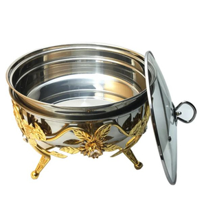 Plat à chafing en laiton doré à motif floral gaufré, design vintage, avec couvercle rond, poignées et support de chauffe – Vente directe usine indienne - Product Image 3